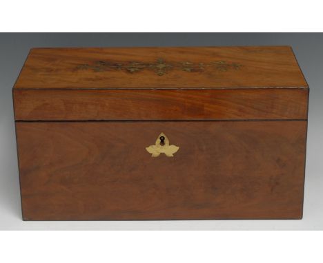 A William IV brass marquetry and mahogany rectangular tea caddy, the hinged cover centred by a floral spray and enclosing bow