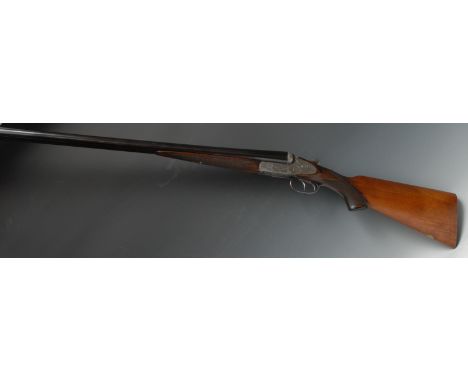 12 Bore Side by Side side lock ejector shotgun serial number 33150. Barrel length 28 inches. Makers name engraved to barrel "