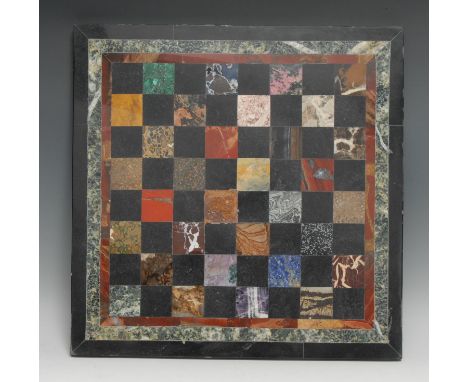 A pietra dura table top chess board, inlaid in lapis lazuli, malachite, amethyst quartz, agate and other specimen stones, 43c