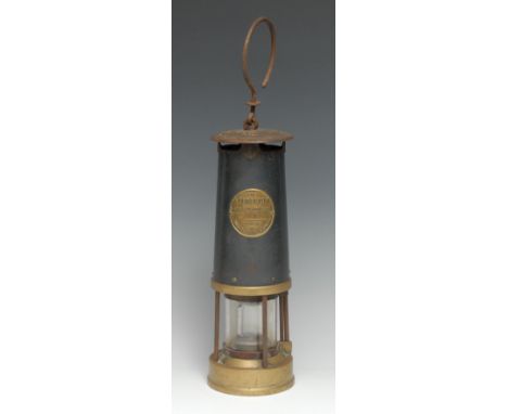 Mining - a steel and brass miner's shaft lamp, by The Protector Lamp &amp; Lighting Co Ltd, Eccles, Manchester, Red. No.78991