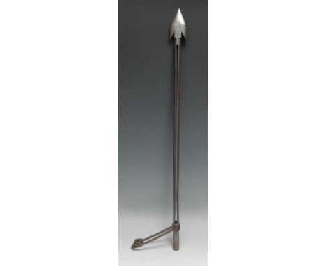 A steel harpoon, piercing arrow head with folding barbs,  slide to shaft, 64.5cm long 
