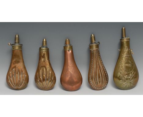 A 19th century copper and brass powder flask, J P Cutts patent, 20cm long; others (5) 