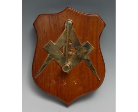 Freemasonry - Friendly Society Interest - a brass masonic door knocker, as a gavel, square and compass, shield shaped mount, 