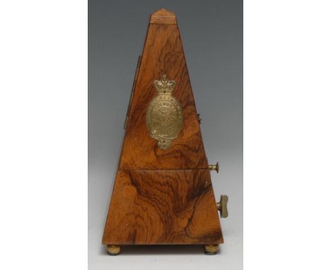 A Victorian walnut metronome, gilt brass plaque inscribed Best English Make, Metronome de Maelzel, brass bun feet, 25cm high,