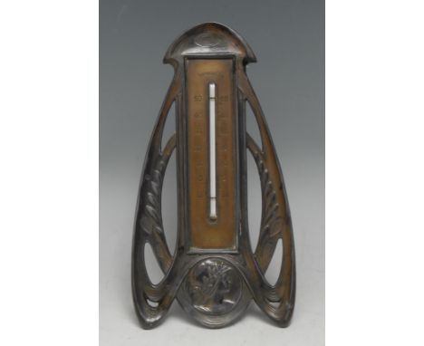 A French Art Nouveau easel desk thermometer, embossed with a portrait roundel and whiplash curves, 19cm high, c.1900 