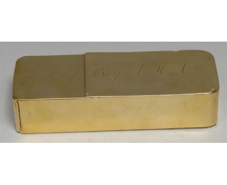 An early 19th century brass rounded rectangular smoker's companion, the box's three-quarter hinged cover with provision for t