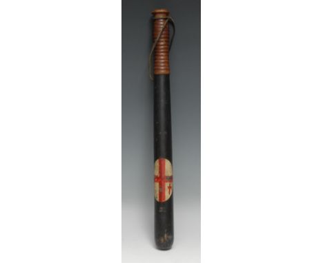 Police History - a 19th century City of London police truncheon, painted with banner of arms on an ebonised ground, ring-turn