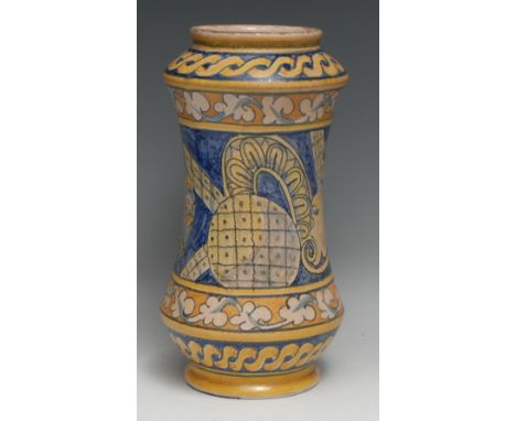 A South European majolica albarello wet drug jar, painted in the Renaissance style, 31cm long 