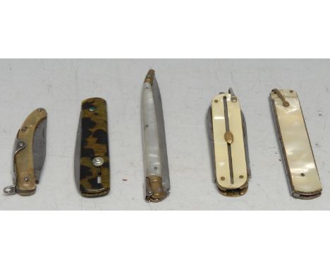 Machirology - a 19th century Continental stiletto type folding pocket knife, 8.5cm blade, two-piece mother of pearl grip, 9.5