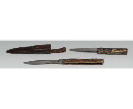 A 19th century extendable hunting or utility knife, 19.5cm folding blade marked Army &amp; Navy CSL, two-piece stag antler gr