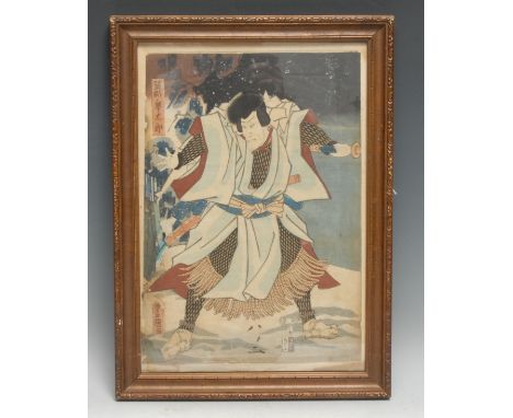 Japanese School (Meiji period), a Samurai warrior, woodblock print picked out in colour, 36cm x 24.5cm 