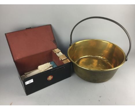 MID 20TH CENTURY FIRST AID TIN, 27cm wide, along with a brass jelly pan, mid 20th century meat grinder and a bread tin contai