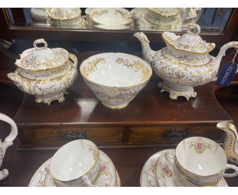 VICTORIAN TEA POT AND SUGAR BASIN, the pot, 20cm high, along with another two Victorian pots, circular basin and a part tea s