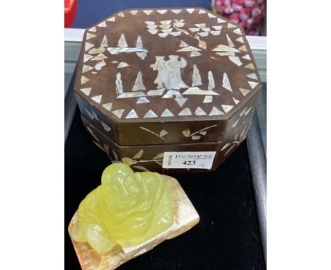 CHINESE WOOD AND MOTHER OF PEARL OCTAGONAL BOX, the detachable lid inlaid with two figures and scenery, 13.5cm wide, along wi