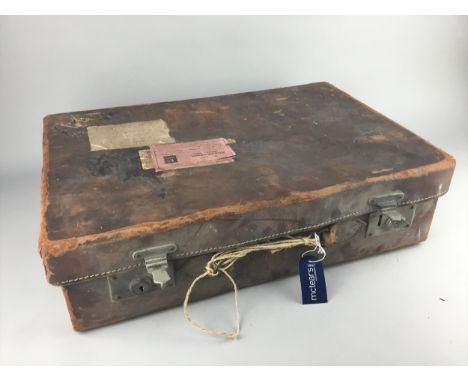 VINTAGE LEATHER SUITCASE, along with a copper kettle, brass toddy kettle and a pair of binoculars (4)