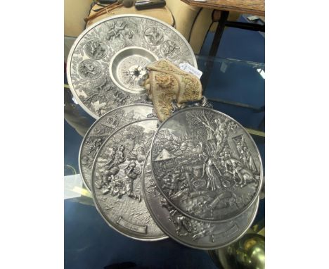 GROUP OF PEWTER WALL PLAQUES, along with a pewter wall clock (7)
