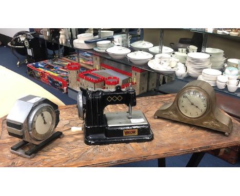 VINTAGE TINPLATE SEWING MACHINE, along with a Smith's Art Deco style mantel clock and another mantel clock (3)