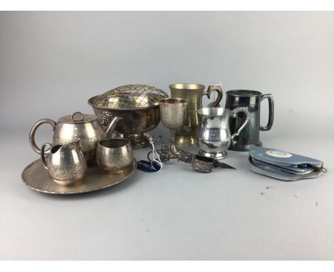 EARLY 20TH CENTURY SILVER PLATED CANDLE SNUFFER, along with other silver plated ware and pewter including cased cutlery set, 