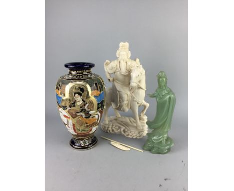 IVORINE FIGURE OF A CHINESE WARRIOR, on horseback, 32cm high, along with a satsuma vase, and a simulated jade figure of a wom