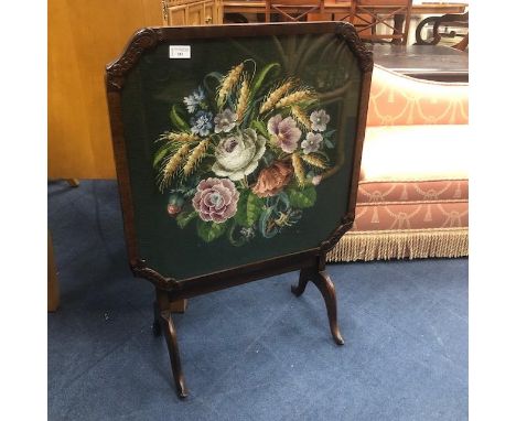20TH CENTURY OAK FIRESCREEN, with embroidered panel, 80cm high, 57cm wide