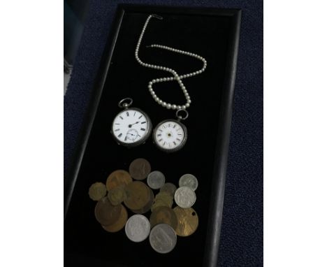 SILVER POCKET WATCH, along with a silver fob watch, pearl necklace and coins, contained in a Victorian walnut box