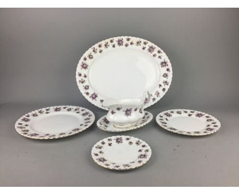 ROYAL ALBERT DINNER SERVICE, Sweet Violets pattern, including plated, cups and sauce boat