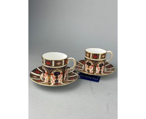 PAIR OF ROYAL CROWN DERBY IMARI PATTERN COFFEE CUPS AND SAUCERS, 7cm overall