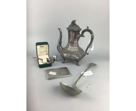 SILVER CIGARETTE CASE, along with other items including a Victorian plated coffee pot, pepper pot, ladle and dress watch