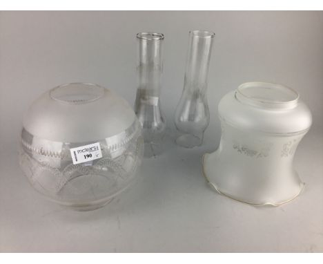 TWO OPAQUE GLASS OIL LAMP SHADES, the taller 20cm high, along with two glass funnels and a walnut lap desk (5)