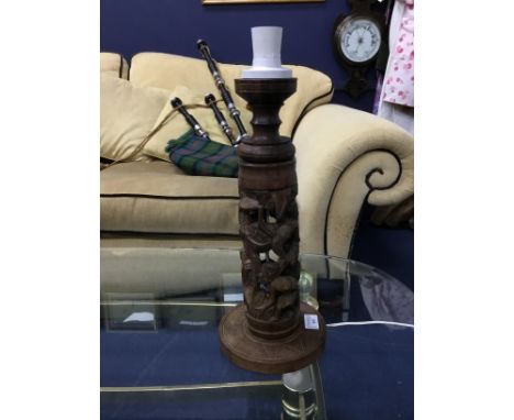 AFRICAN CARVED WOOD TREE OF LIFE, converted to a lamp, 46cm high overall