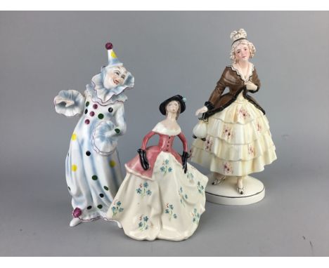 KATZHAUSEN FIGURE OF A LADY, 26.5cm high, along with a Coalport clown and a ceramic figure of a lady (3)