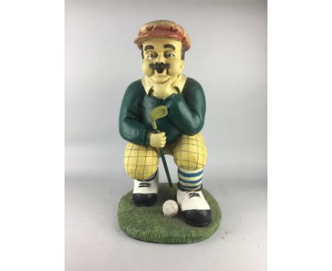 COMPOSITION FIGURE OF A GOLFER, 50cm high, along with a ceramic stool modelled as a camel, 44cm high (2)