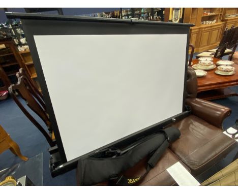 PORTABLE PROJECTOR SCREEN, with carry case, screen 91cm x 122cm, along with a Uni-Loc tripod with carry case