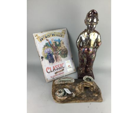 VINTAGE CERAMIC SMOKER'S STAND, along wih a figure of a boy and a reproduction cigarette advertisement sign (3)