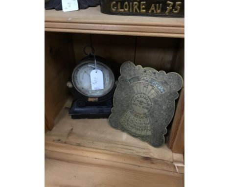 20TH CENTURY BRASS PERPETUAL CALENDAR, with easel support, 20cm high, along with a barometer on stand, brass bell on stand, c