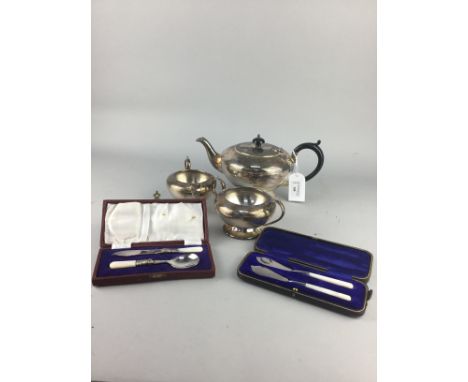 SILVER PLATED THREE PIECE TEA SERVICE, along with a collection of silver plated flatware, comprising boxed and loose examples