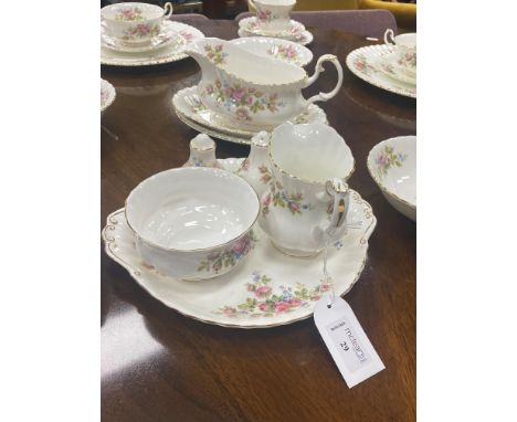 ROYAL ALBERT 'MOSS ROSE' TEA AND DINNER SERVICE, comprising six dinner plates, six dessert bowls, five tea cups, six saucers,