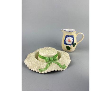 FALCON WARE CERAMIC HAT, 23cm diameter, along with hand painted jugs and two decorative ceramic plates (6)