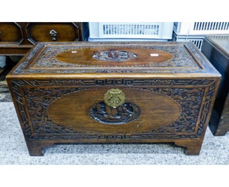 Asian, Camphor Wood Storage trunk, heavily carved, inner sliding drawer W94cm
