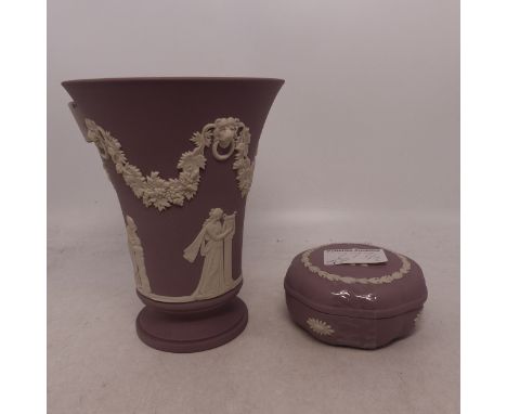 Wedgwood Lilac Jasperware Flared Vase and Lidded Trinket Pot (2)