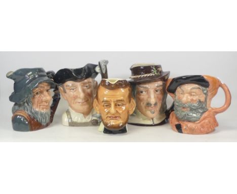 5 Character jugs to include Royal Doulton Izaac Walton D6404, Falstaff D6287,  Gunsmith D6573, Rip Van Winkle D6438 and  Sylv