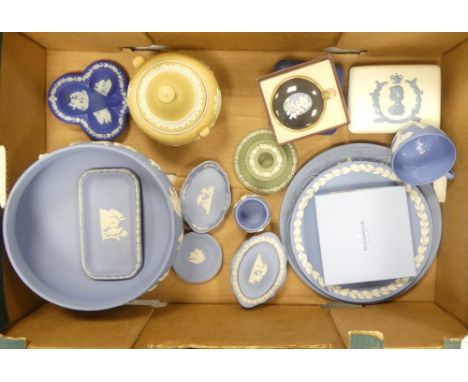 A Mixed Collection Of Wedgwood Jasper Ware To Include A Footed Pale Blue Bowl, Lidded Trinket Boxes, Green Candle Holder, Cam