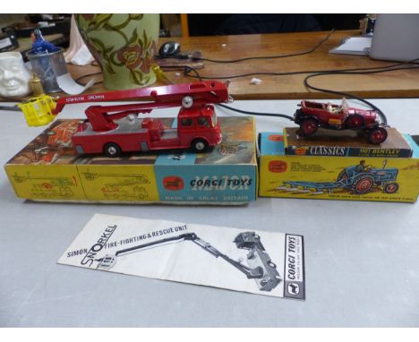 Boxed Corgi Toys Simon Snorkel Fire Engine, some light wear and wear to box together with a Corgi Classics Le Mans 1927, worn