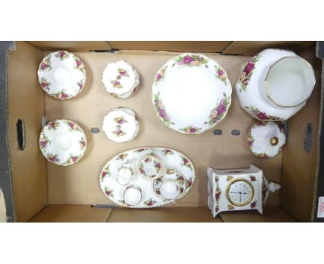 A Collection Of Royal Albert 'Old Country Rose' To Include A Mantle Clock Height 17cm, Two Candlesticks, A Lidded Vase H22cm,