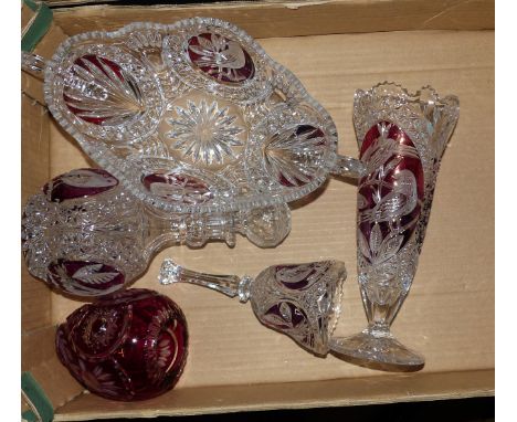 A Collection of Quality Red Crystal Vases, Bowls, Decanter etc. (1 Tray)