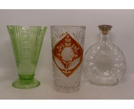 Three Items of Glass to include a Bohemian Crystal Orange Vase with etched flowers, Uranium glass vase (chip to base) and a d