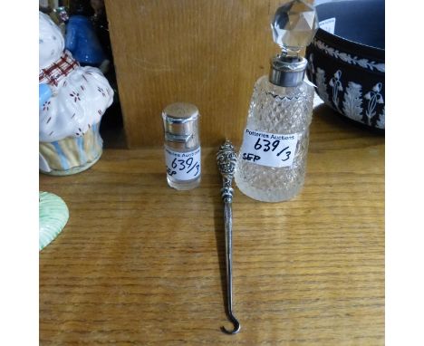 Silver, A Detailed Silver Handle Button Hook, Silver Collared Crystal Perfume Bottle a/f and a possibly Silver Smelling Salts