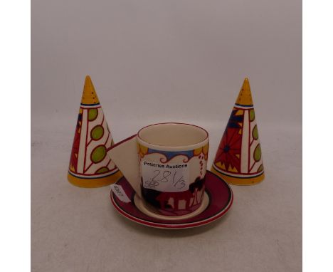 Three Wedgwood CLarice Cliff Collection Bizarre items to include Coffee Can and Saucer and two small conical sugar sifters (3
