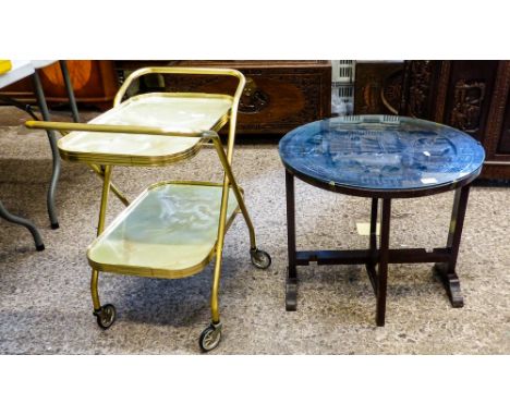 Tilt top asian style glass top oak gate leg side table with intricate naval scene carvings &amp; gilted 2 tier tea trolley