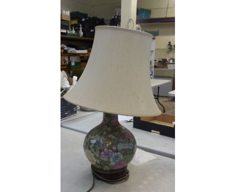 Large ceramic hand painted Chinese floral design lamp together with shade
